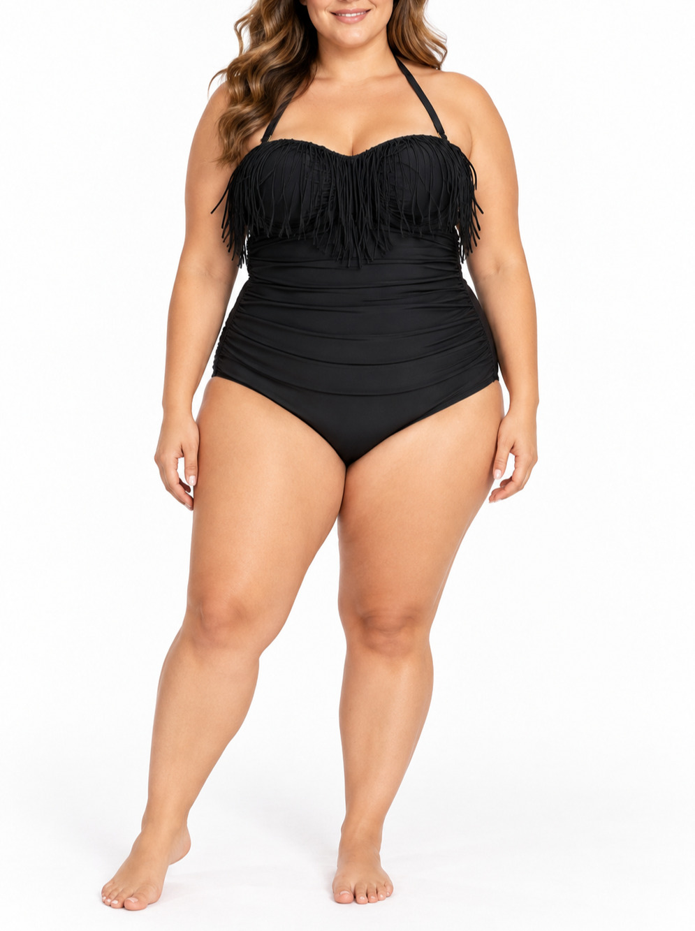 Swimsuits For All Womens 20 Black Fringe Bandeau One Piece Swimsuit Halter